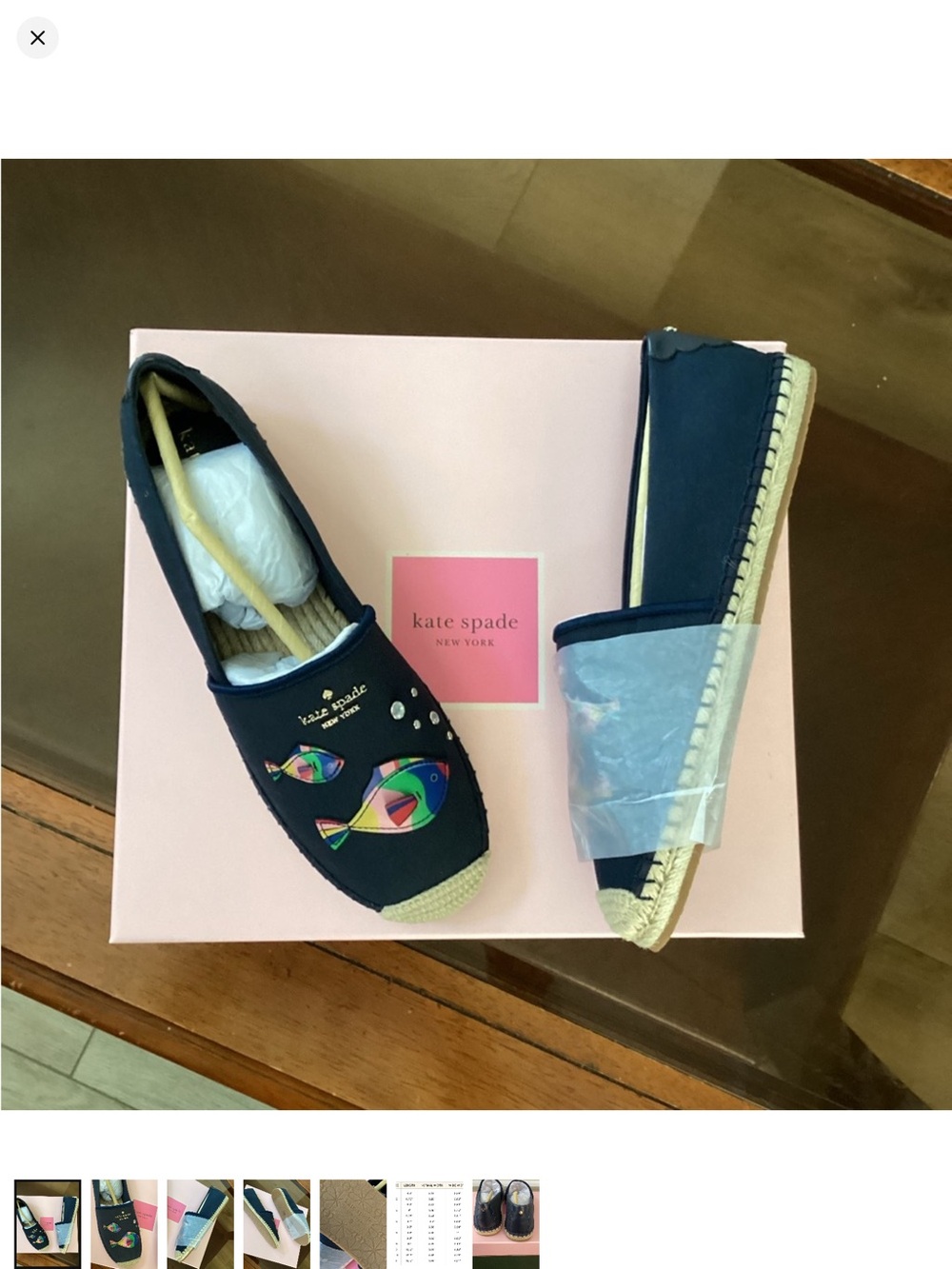 kate spade navy espadrille slip-ons with multicolor fish appliqué